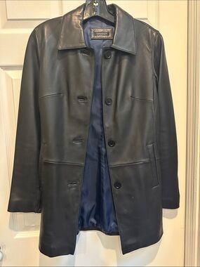 TAHARI Black Leather Button-Front Coat with Navy Lining